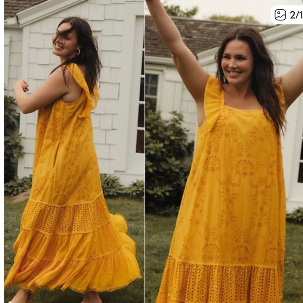 Anthropologie Payal Jain Fallon Tiered Eyelet Ruffled Maxi Dress Yellow Size 4